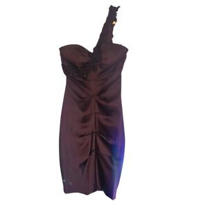 Xscape Asymmetrical Beaded Strap Ruched Mini Dress